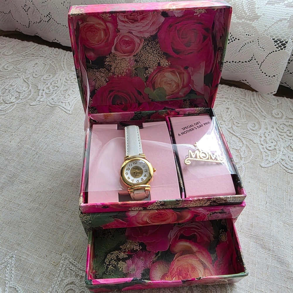 Details Watch Gift Set Silver Gold Tone Mother's Day Pin Floral Jewelry Box